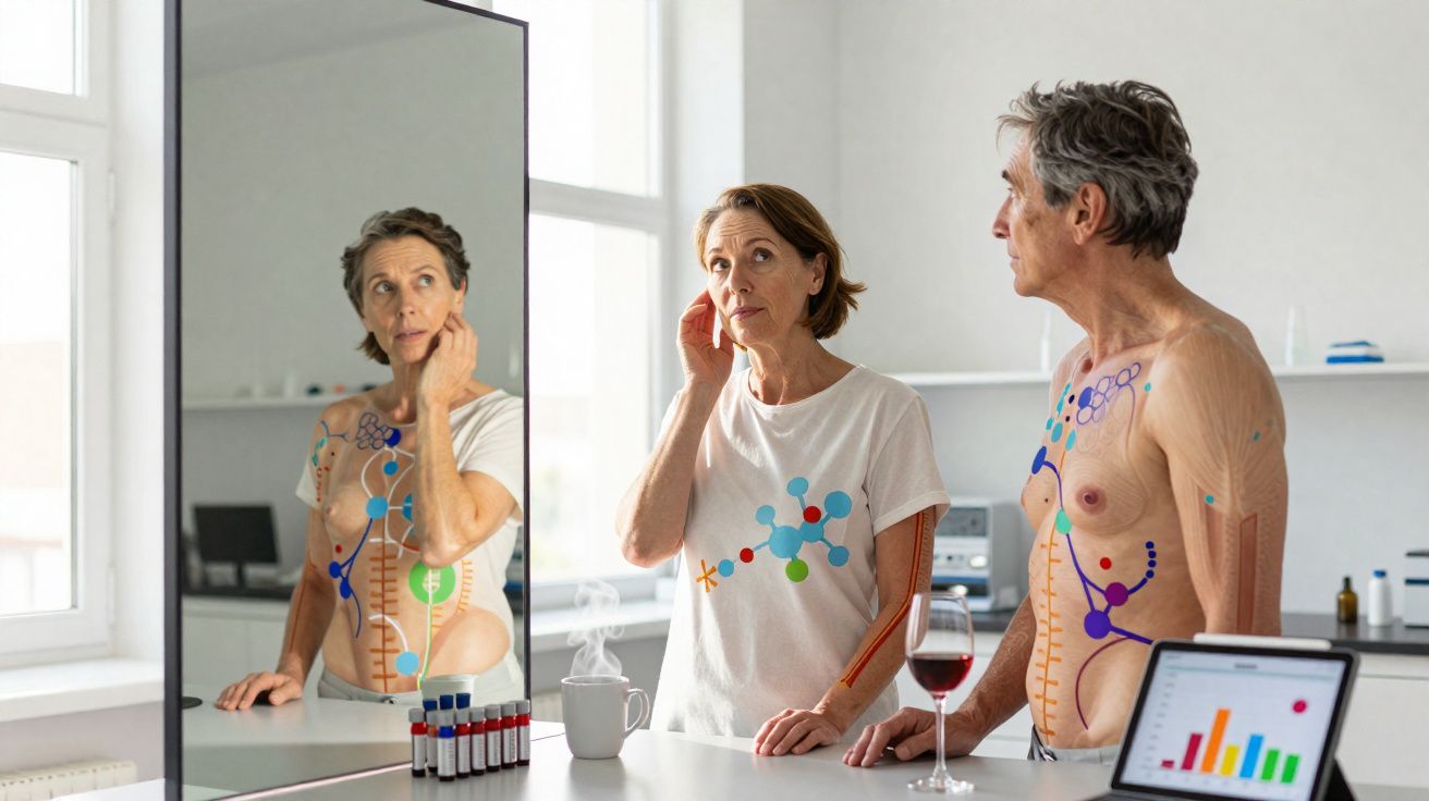 Mulher e homem com desenhos anatómicos no corpo a olhar para o espelho numa cozinha moderna.