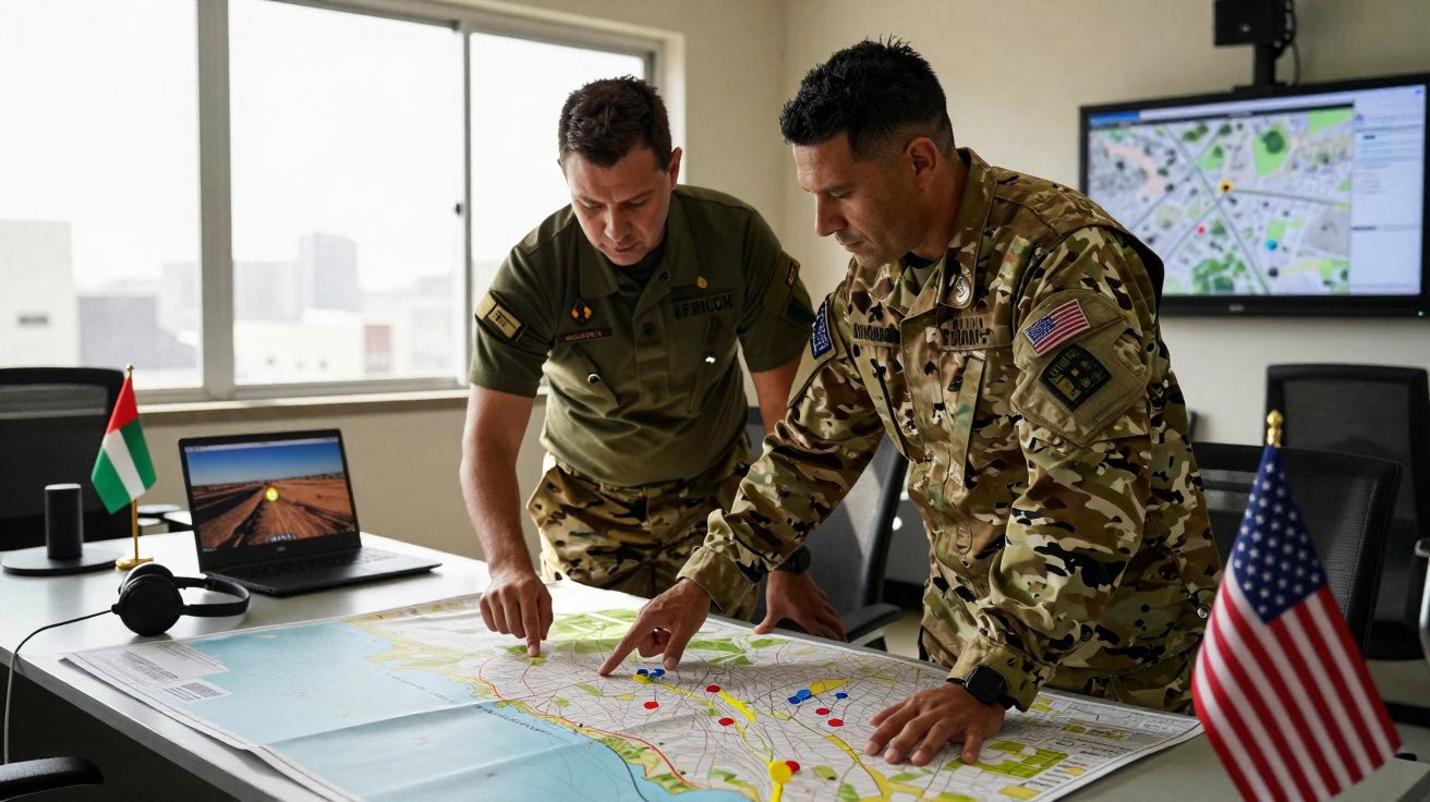 Dois militares a analisar um mapa sobre uma mesa, com bandeiras dos Estados Unidos e Emirados Árabes Unidos ao lado.