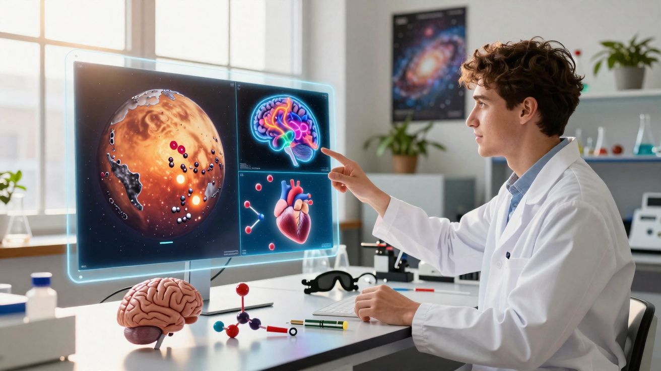 Jovem cientista analisa imagens digitais de cérebro, coração e planeta Marte num laboratório iluminado.