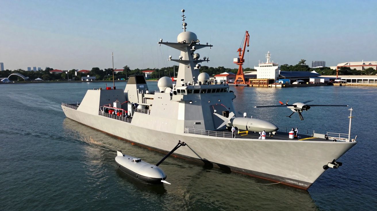 Navio de guerra cinzento com drone a levantar voo e pequeno submarino na água junto ao casco.