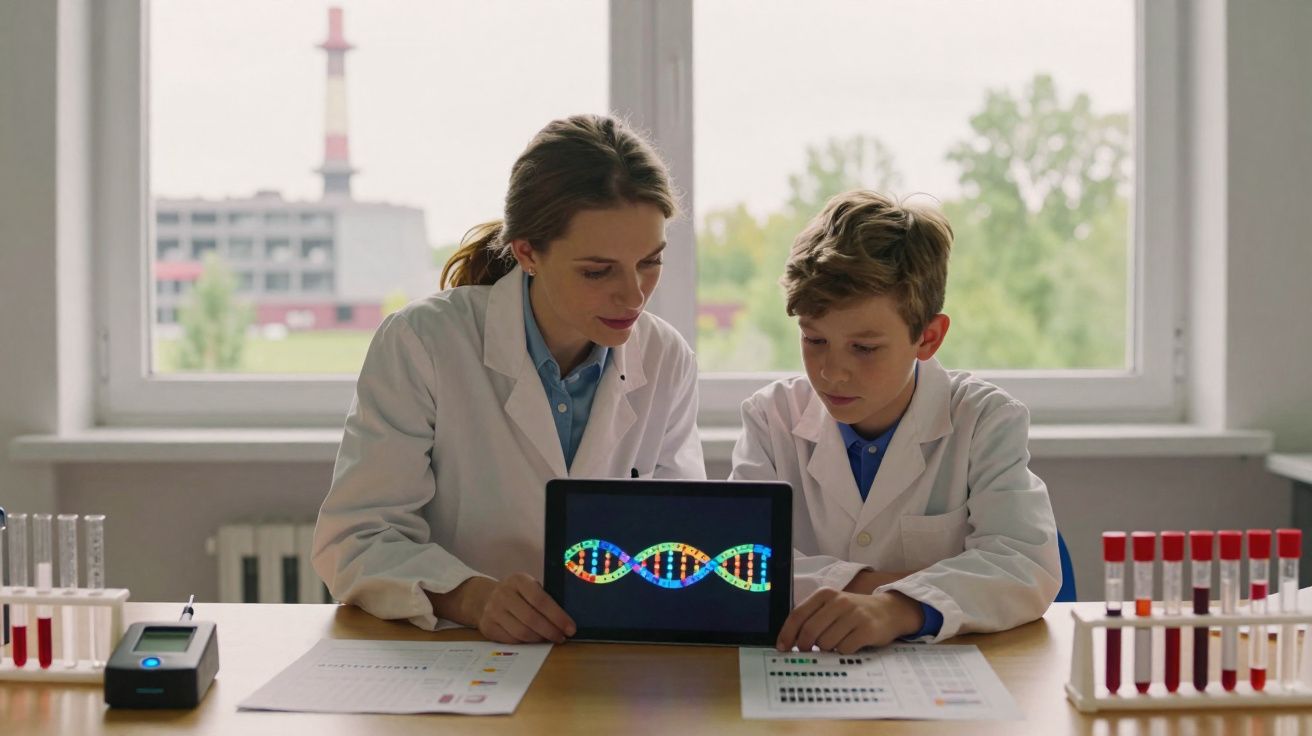 Mulher e menino em laboratório mostram imagem de DNA numa tablet, rodeados por tubos de ensaio e documentos científicos.