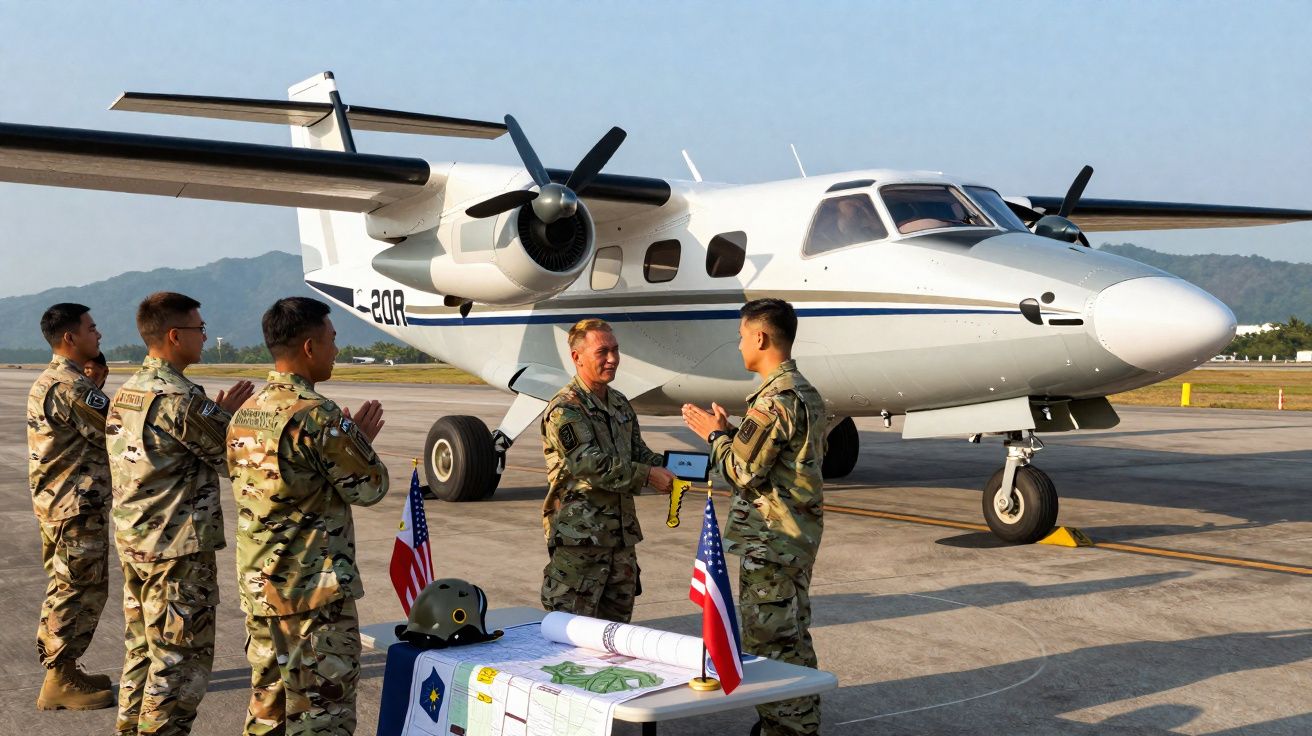Cinco militares em uniforme a trocar medalha junto a uma pequena aeronave branca num aeroporto.
