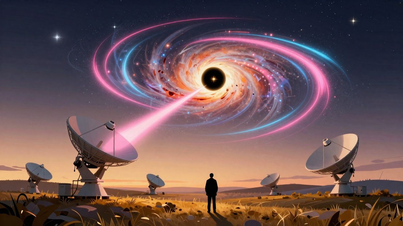 Pessoa observa buraco negro com jato de luz colorido, enquanto antenas parabólicas captam sinais no campo.