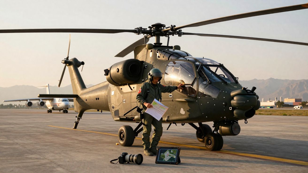 Militar junto a helicóptero militar verde em pista de aeroporto com avião ao fundo ao pôr do sol.