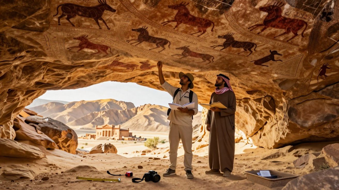 Dois arqueólogos arqueiam e estudam pinturas rupestres de animais num abrigo rochoso no deserto.