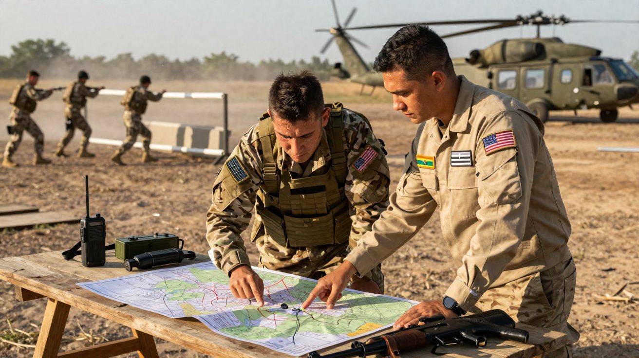 Dois soldados a analisar um mapa sobre uma mesa em campo aberto, com helicóptero e militares treinando ao fundo.
