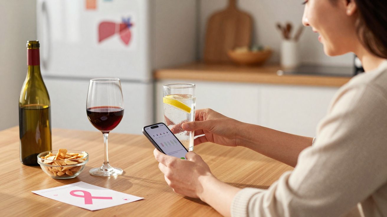 Mulher sentada à mesa com vidro de água, copo de vinho, snacks e smartphone numa cozinha luminosa.