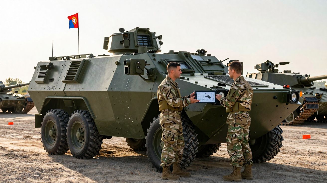 Dois soldados em uniforme militar conversam junto a um veículo blindado cinza com bandeira portuguesa.