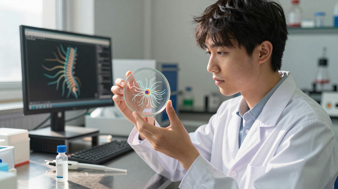 Cientista em laboratório a analisar placa de Petri com desenho colorido, computador ao fundo.