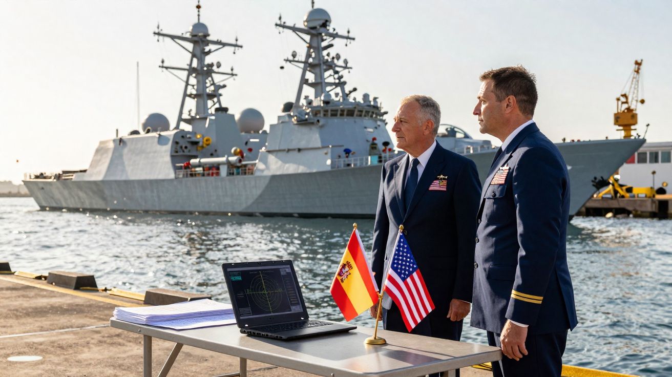 Dois militares em uniforme junto a mesa com bandeiras de Espanha e Estados Unidos, com navio militar ao fundo no cais.