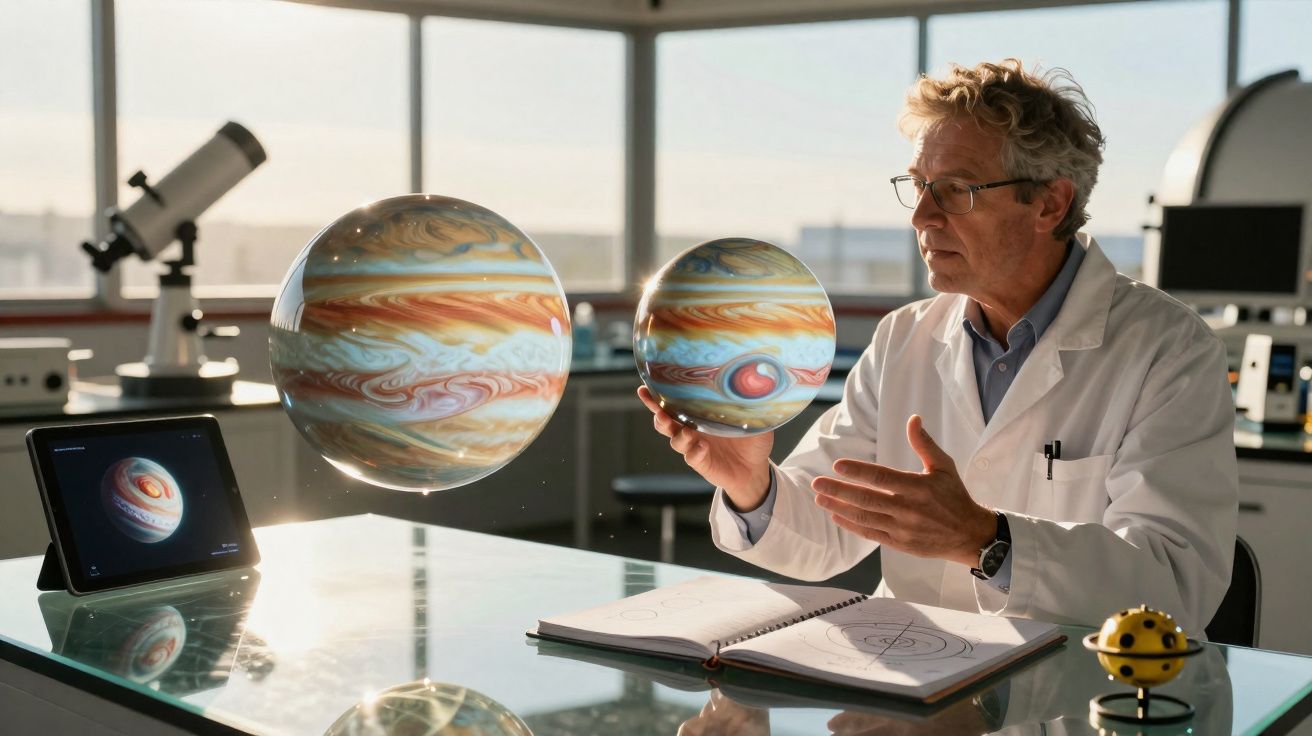 Cientista em laboratório a estudar hologramas de planetas, com livros e equipamento tecnológico à volta.