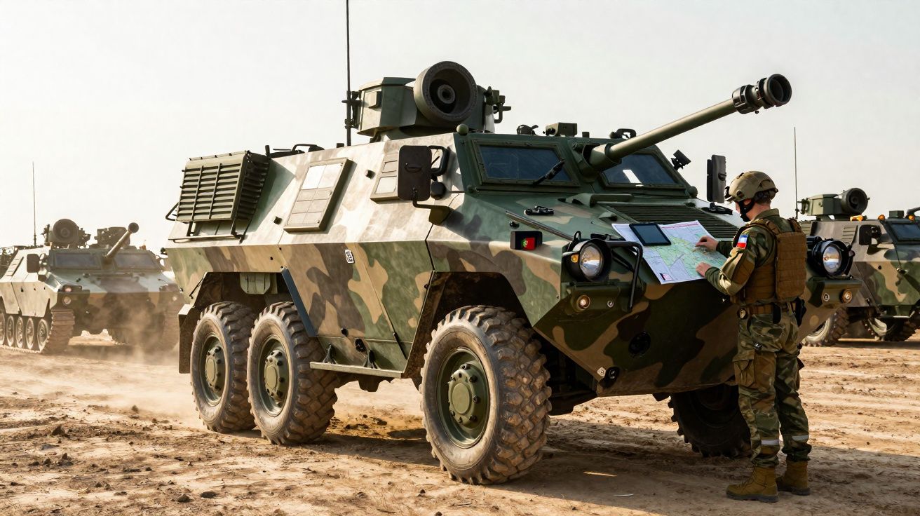 Soldado em uniforme militar consulta mapa junto a veículo blindado camuflado em terreno seco.