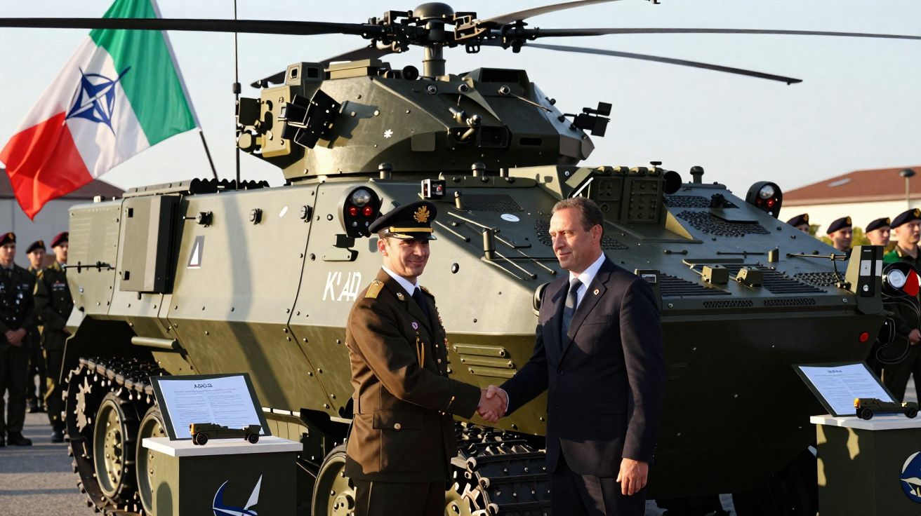 Dois homens apertam as mãos à frente de veículo militar blindado com bandeira italiana ao fundo.