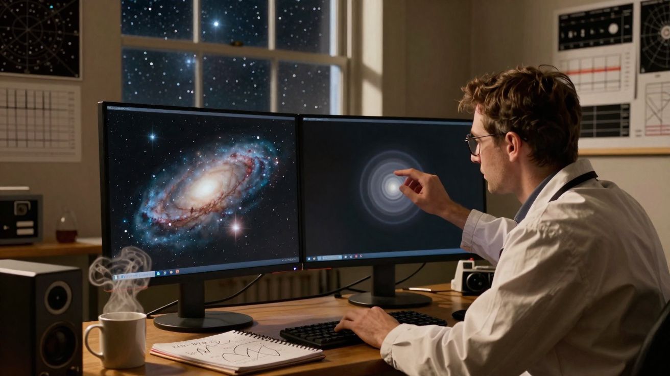 Homem com bata branca analisa imagens de galáxias em dois ecrãs num escritório à noite.