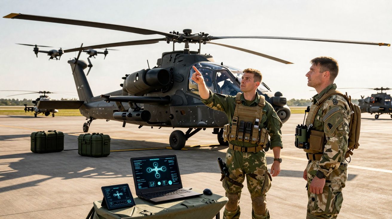 Dois militares em fardas junto a helicópteros de combate, com equipamentos tecnológicos num carrinho ao lado.