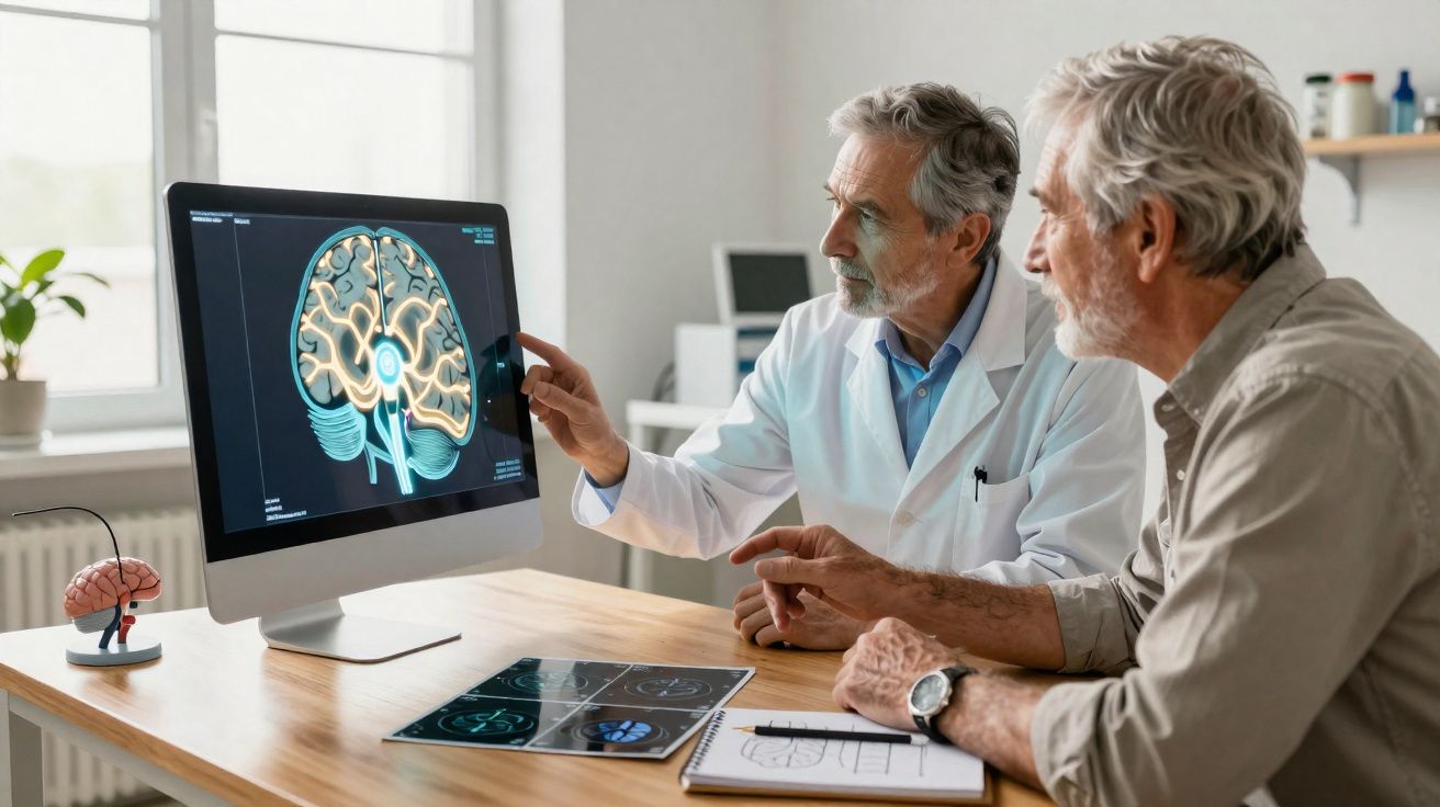 Médico explica a um idoso imagem de cérebro no ecrã de computador num consultório médico.