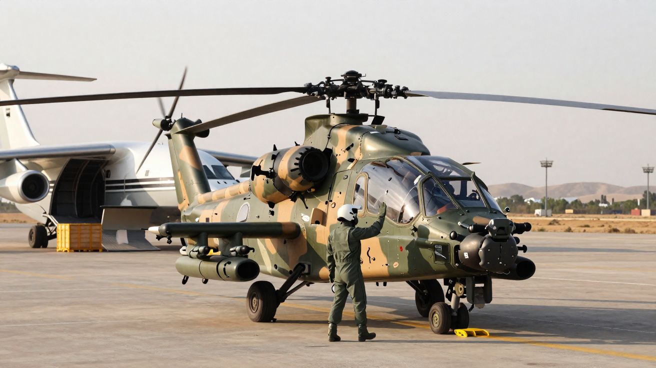 Helicóptero militar camuflado com soldado ao lado numa pista de aeroporto, com avião privado ao fundo.