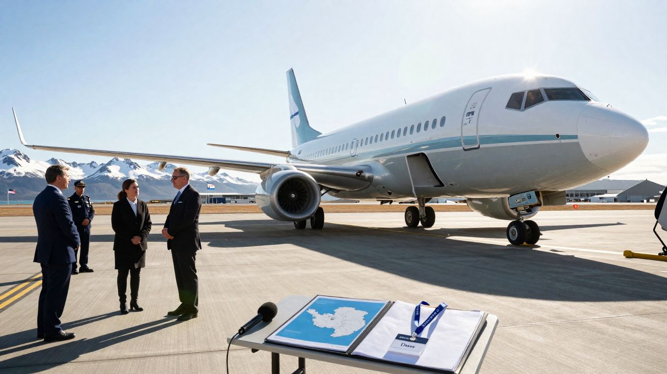Avião estacionado no aeroporto com quatro pessoas em conversa e mesa com documentos em primeiro plano.