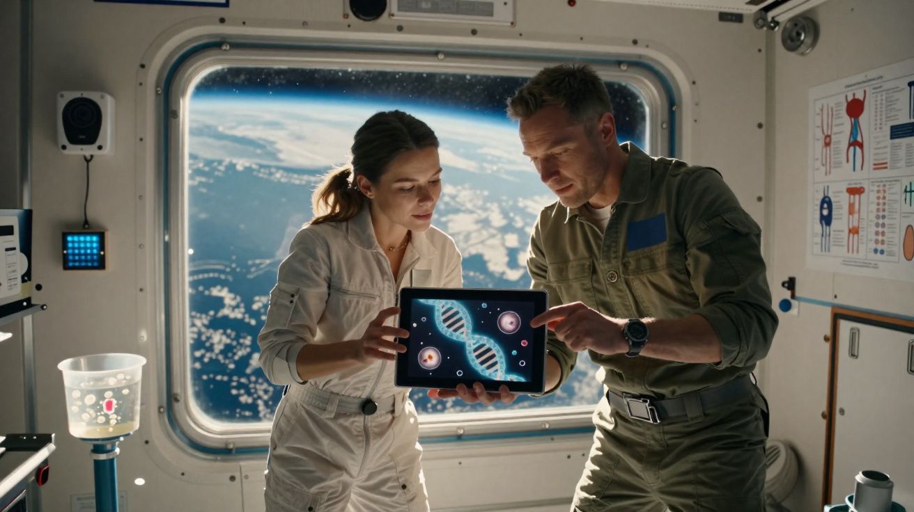 Dois astronautas a analisar uma imagem de ADN num tablet dentro de uma estação espacial com a Terra ao fundo.