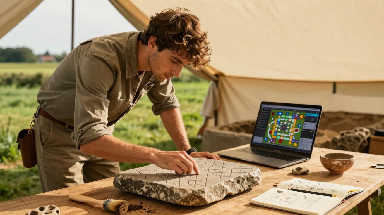 Homem a estudar padrões numa pedra antiga numa mesa ao ar livre, com laptop e caderno ao lado.