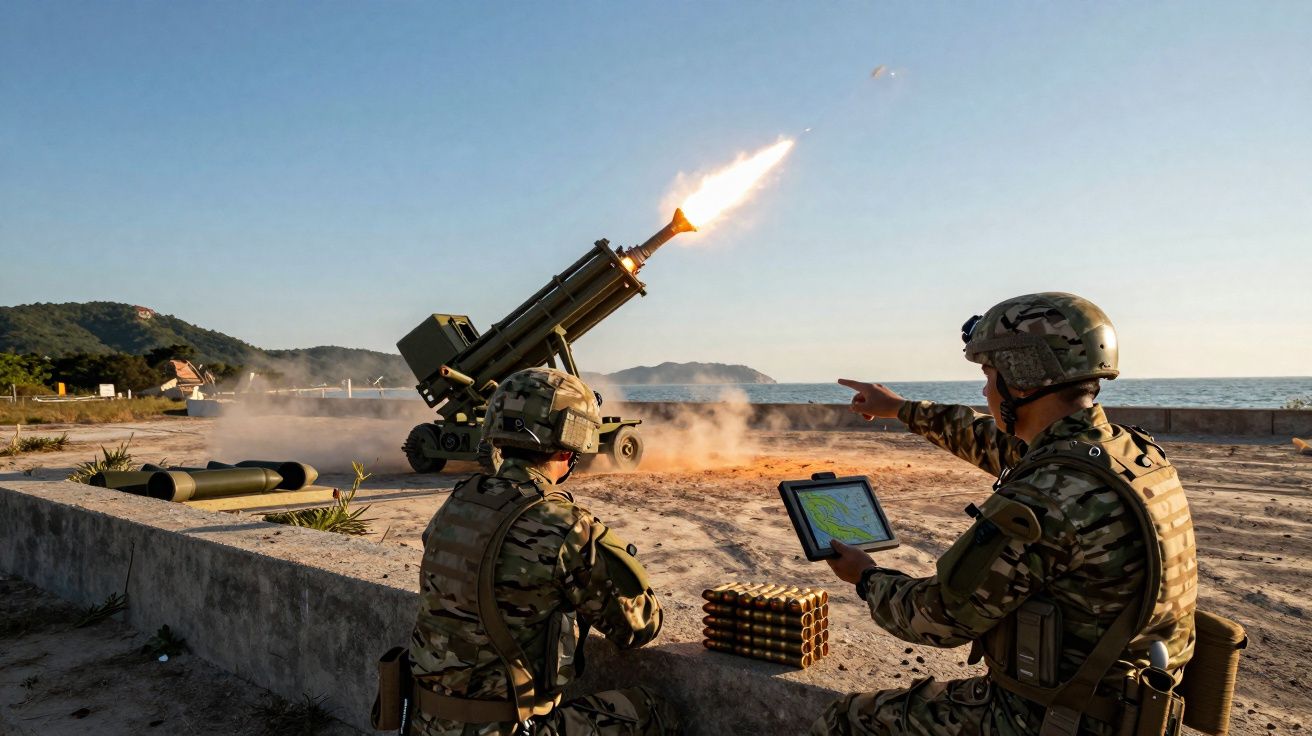 Dois soldados com equipamento militar operam um lançador de mísseis durante disparo junto ao mar.