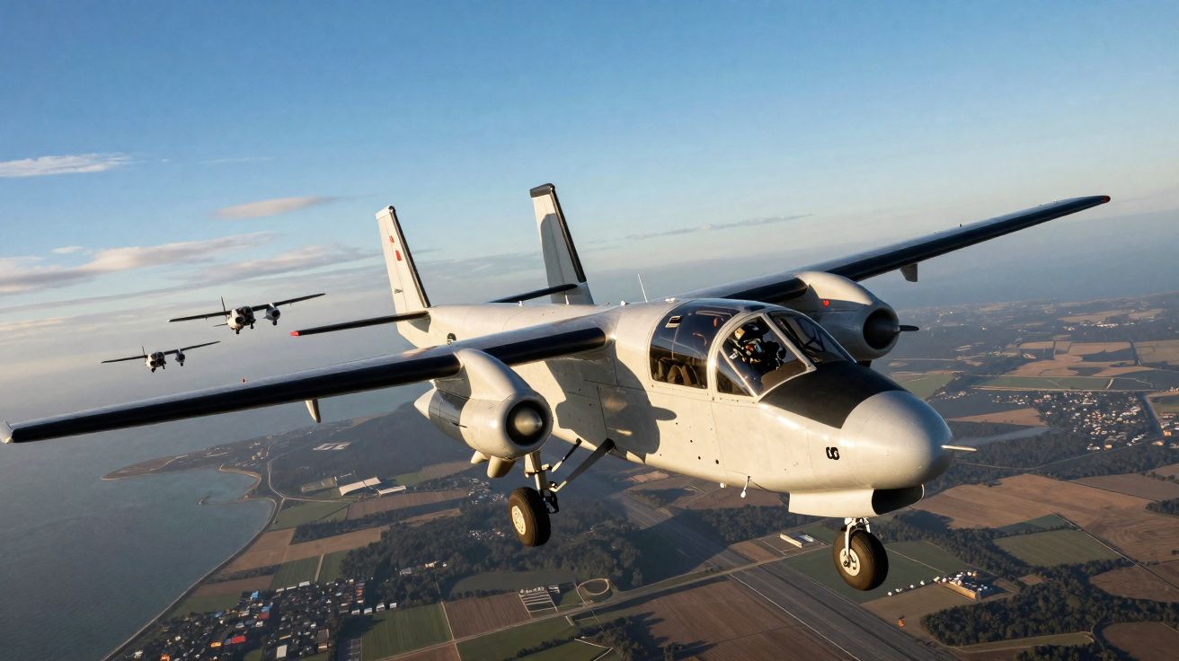 Avião militar branco em voo com dois aviões semelhantes ao fundo sobre paisagem rural.