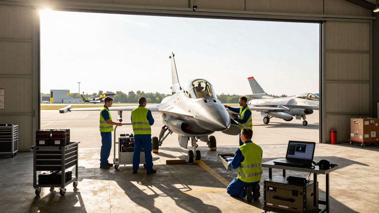 Quatro técnicos a inspecionar e preparar um avião de caça num hangar com outro avião ao fundo.