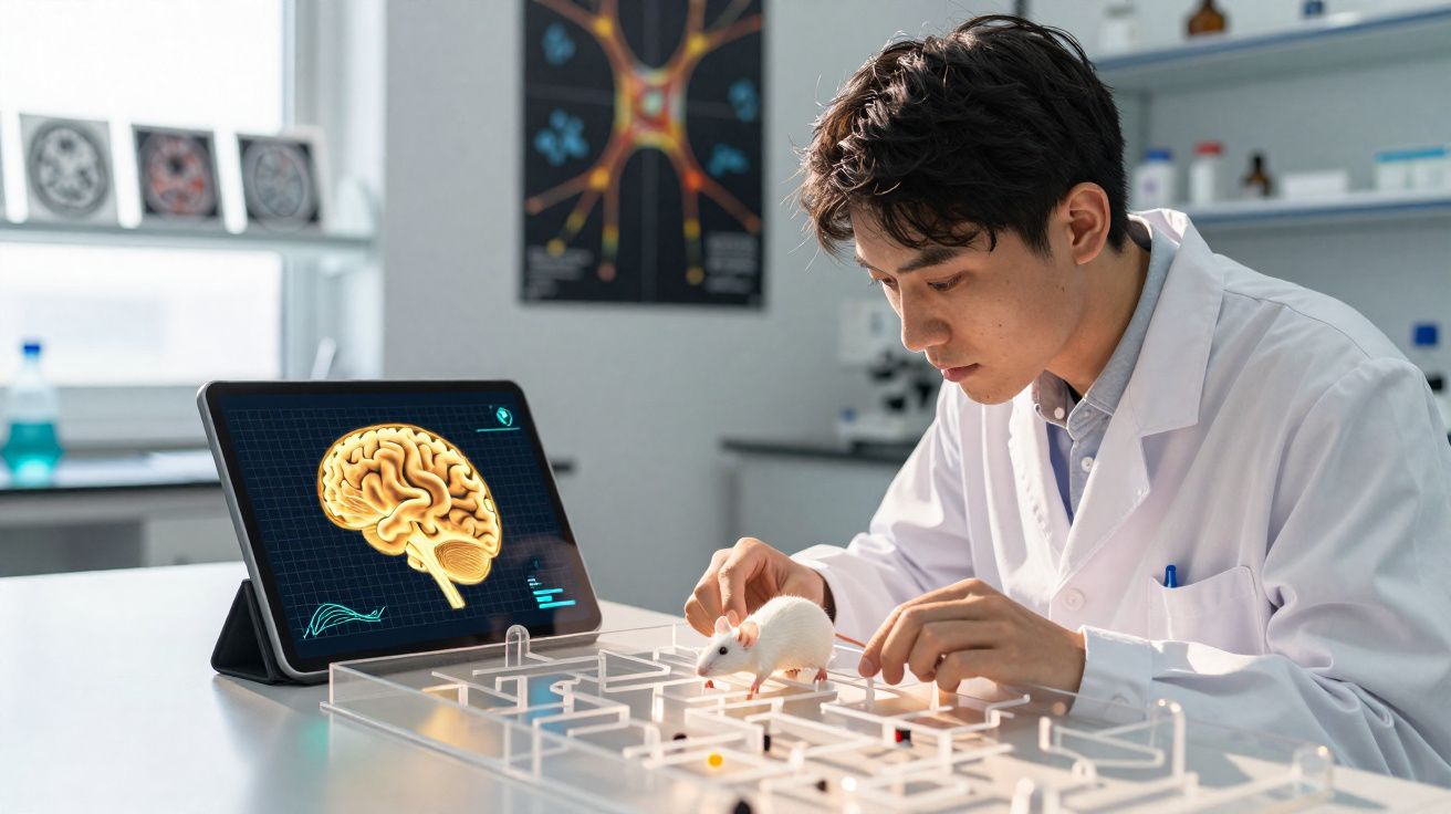 Cientista em bata branca manipula rato em labirinto enquanto observa imagem digital de cérebro no tablet.