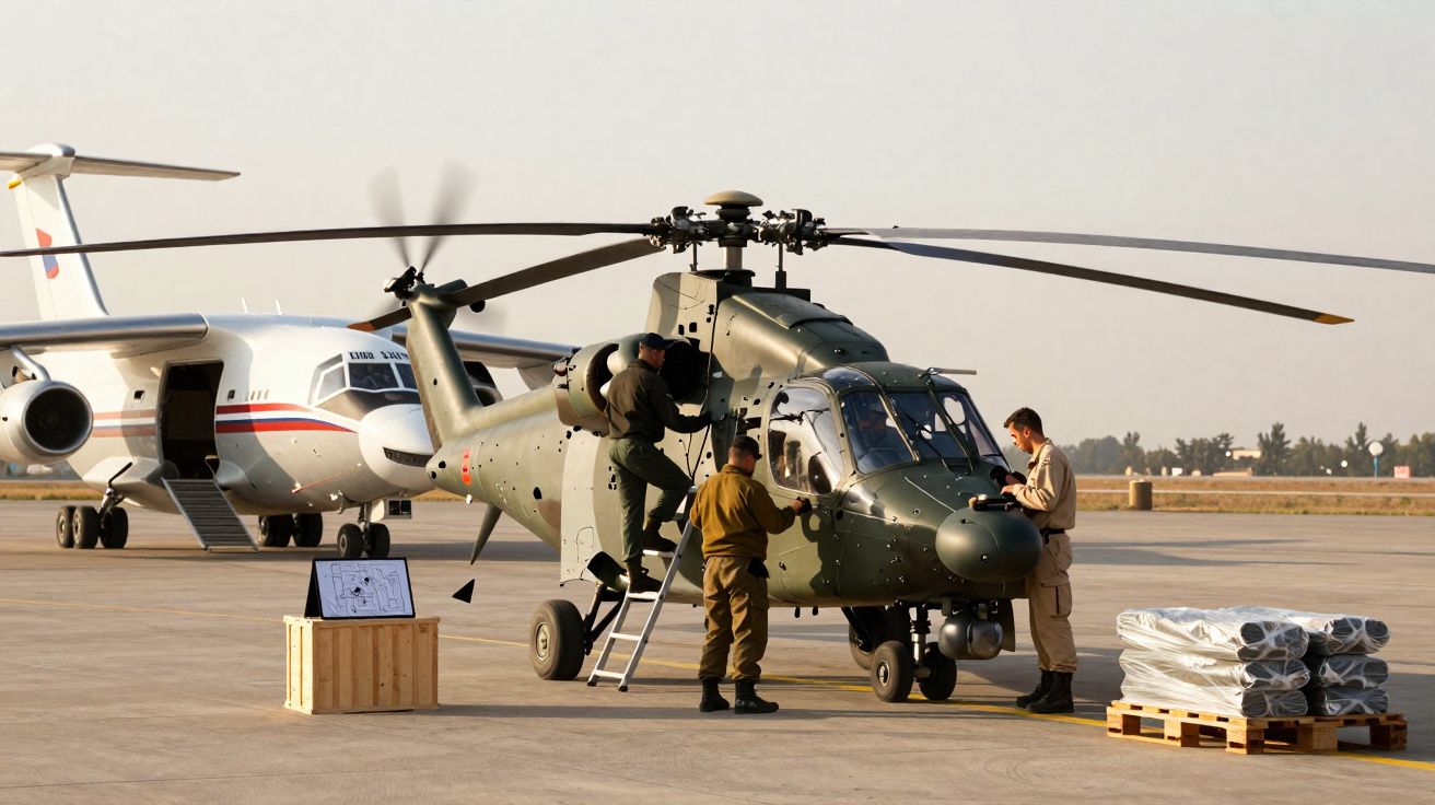 Helicóptero militar verde com três soldados em inspeção na pista de um aeroporto, com avião ao fundo.
