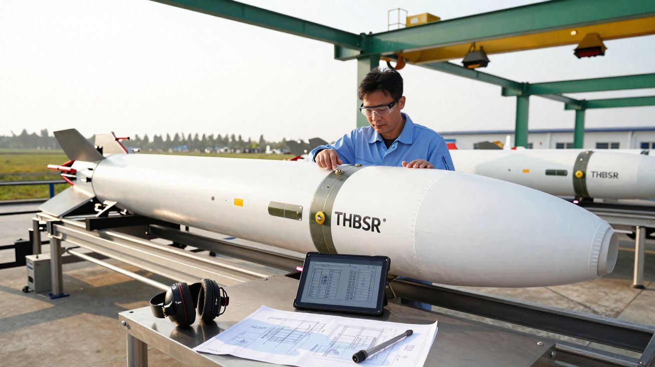 Homem em equipamento de proteção inspeciona míssil branco com tablet e desenhos técnicos numa bancada exterior.