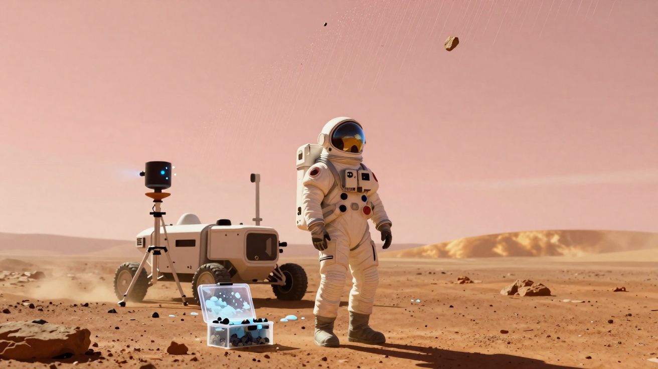 Astronauta em fato espacial e rover exploram terreno árido e rochoso de Marte sob céu avermelhado.