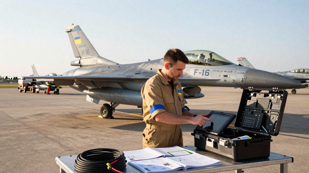 Técnico militar ucraniano a trabalhar num computador portátil junto a caça F-16 numa pista de aeroporto.
