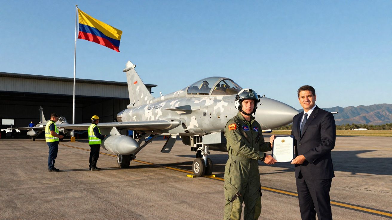 Piloto militar e oficial apertam mãos junto a caça com camuflagem cinzenta numa base aérea com a bandeira da Colômbia.