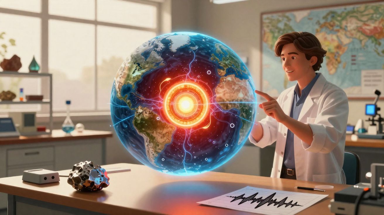 Cientista numa sala de laboratório interagindo com um modelo digital do interior da Terra.