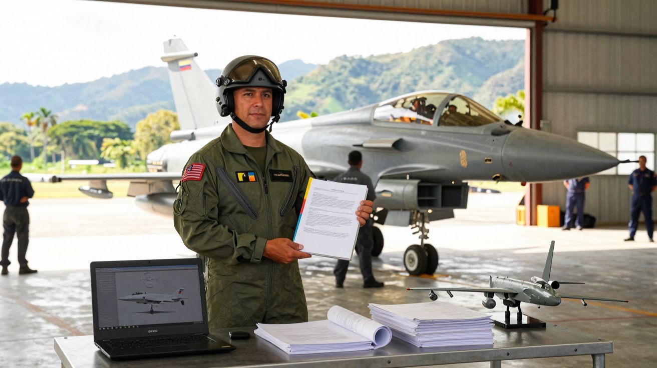 Piloto militar em fato de voo apresenta documentos ao lado de um caça e modelo em miniatura numa nave aérea.