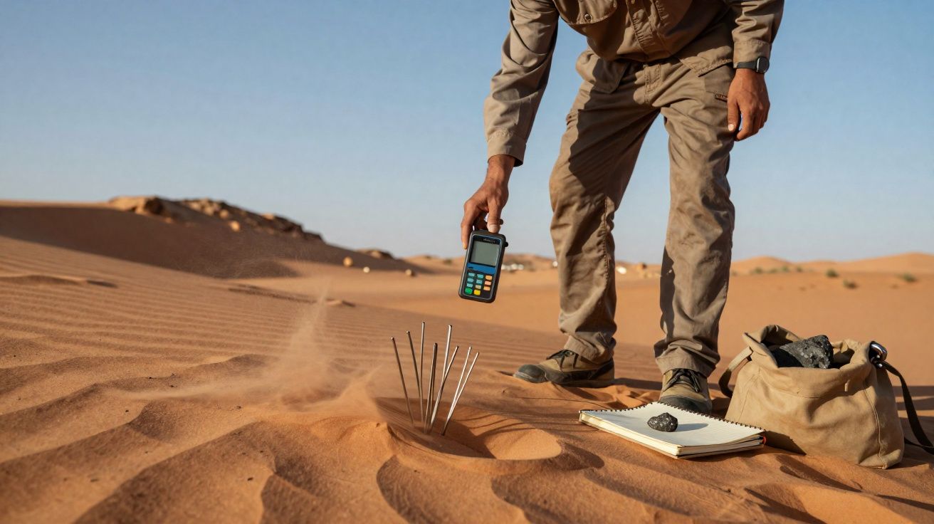 Pessoa numa área desértica a analisar dados com equipamento eletrónico junto a pequenos pinos espetados na areia.