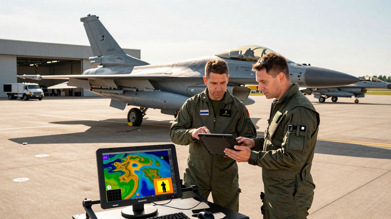 Dois pilotos militares junto a um caça F-16, analisando dados num tablet ao lado de ecrã térmico numa pista de aeroporto.