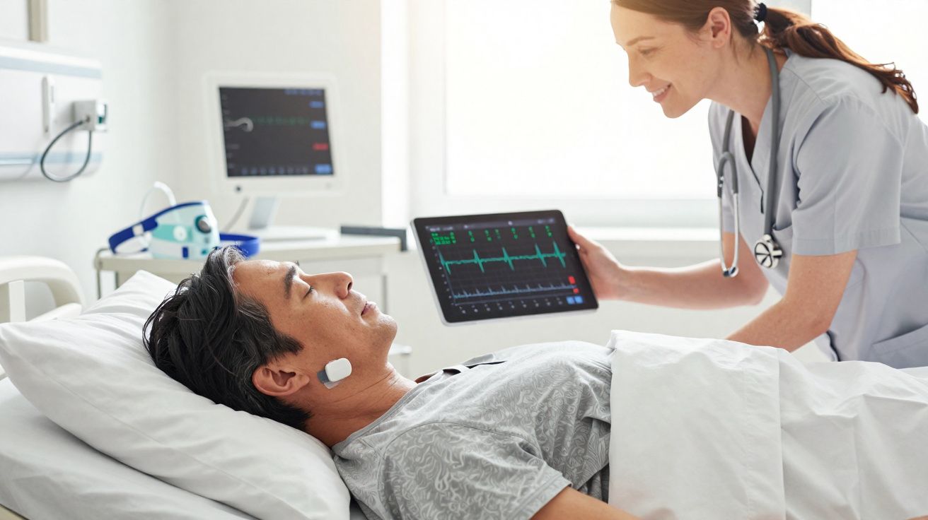 Enfermeira mostra resultados do eletrocardiograma a paciente deitado numa cama hospitalar.