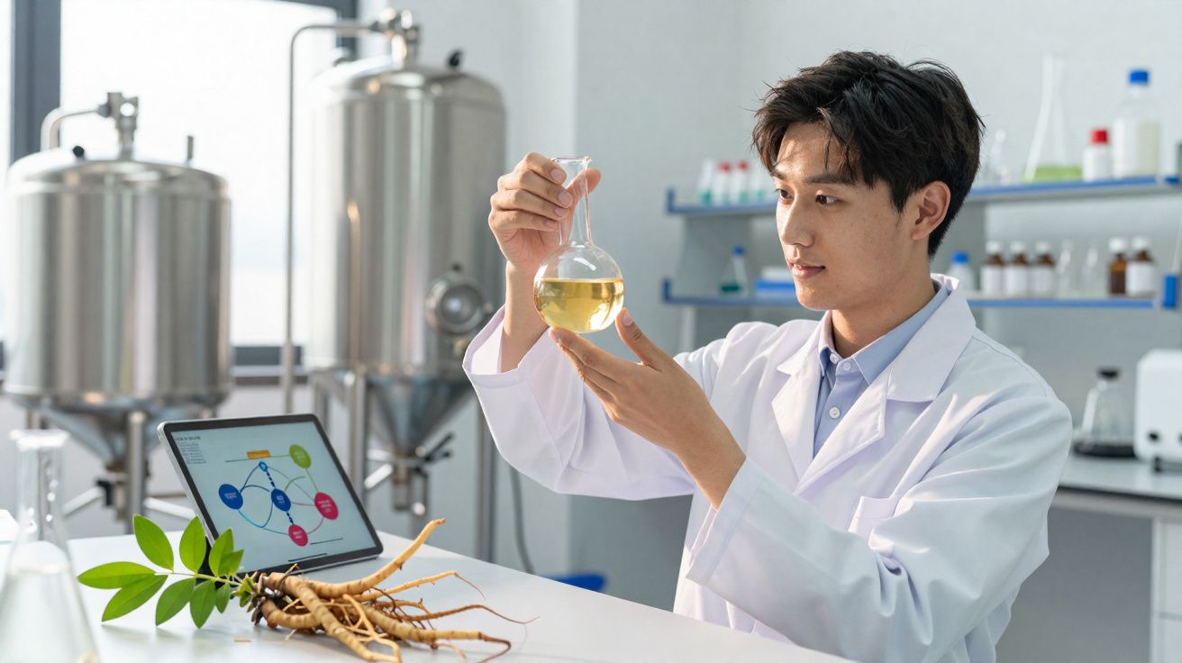 Cientista em laboratório analisa frasco com líquido amarelo ao lado de planta e tablet com gráfico.