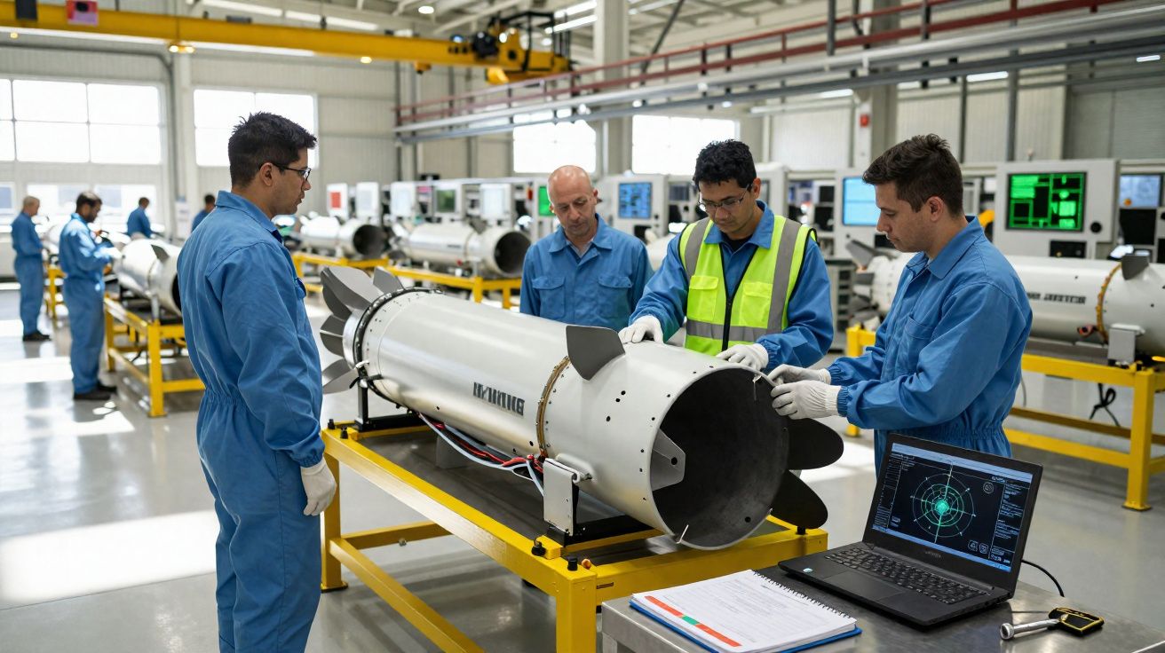 Quatro técnicos em macacão azul analisam componente de míssil numa fábrica moderna com equipamento tecnológico.