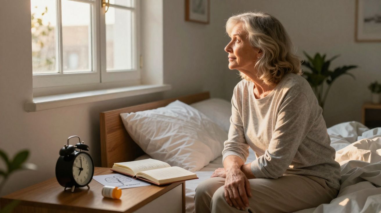 Mulher idosa sentada na cama a olhar pensativa pela janela numa manhã iluminada.