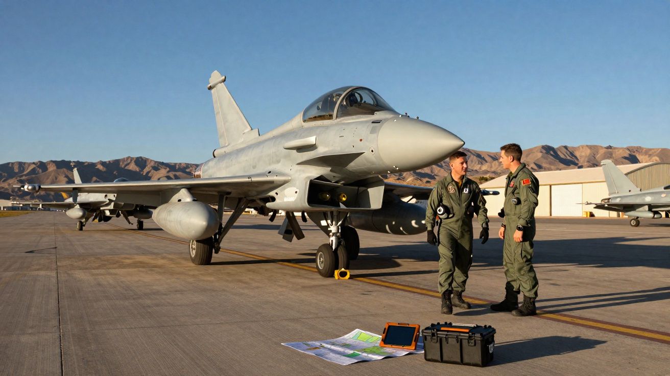 Caça militar estacionado em pista com dois pilotos e equipamentos no chão ao pôr do sol.