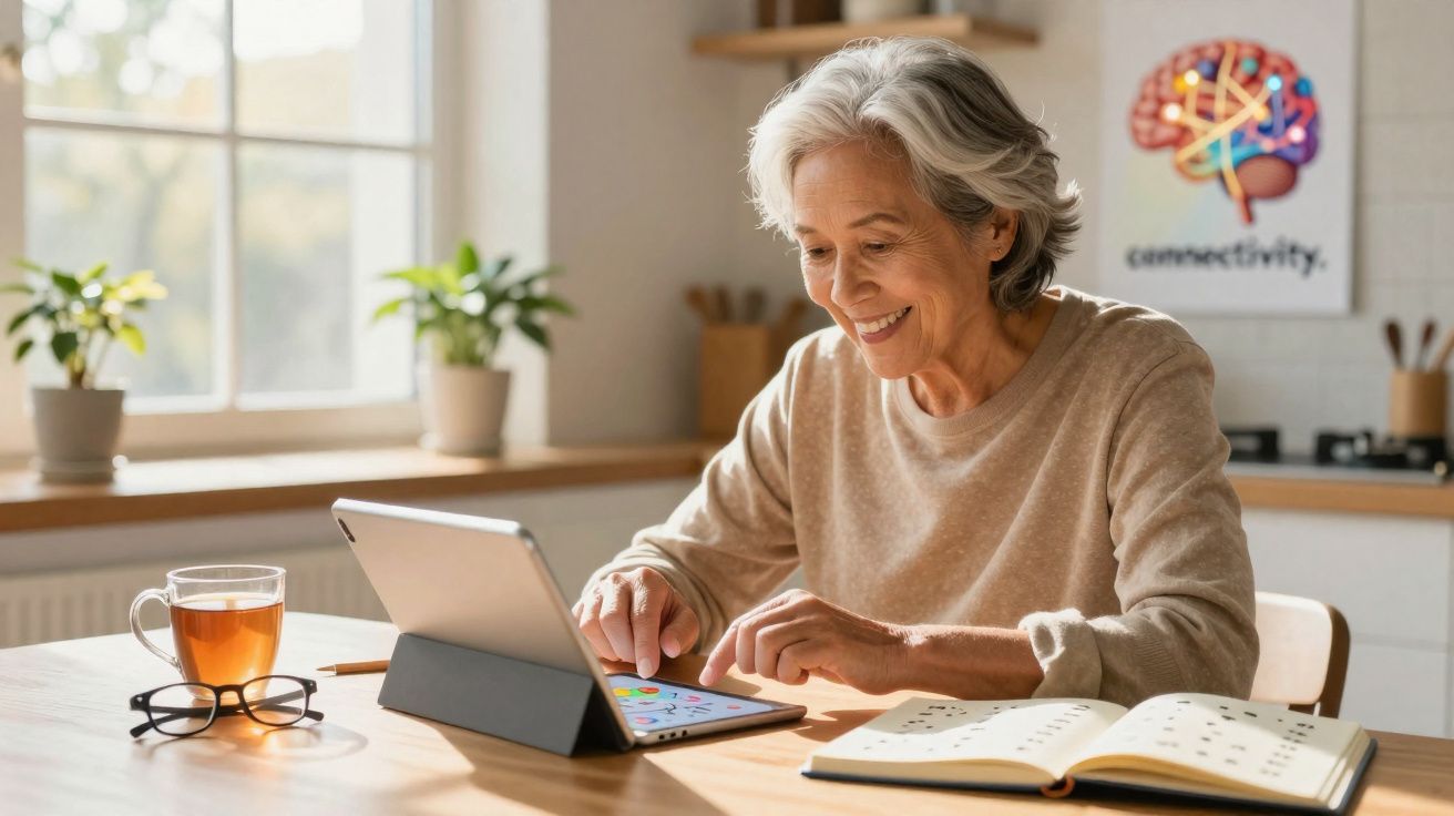 Mulher sénior sorridente usa tablet à mesa com chá, óculos e caderno numa cozinha iluminada.