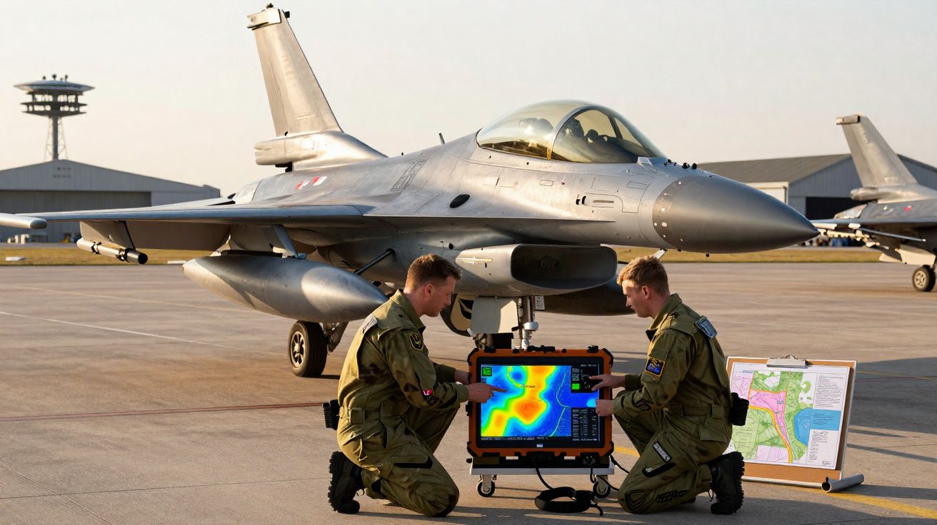 Dois homens em uniforme militar analisam dados digitais junto a um caça F-16 estacionado numa pista.