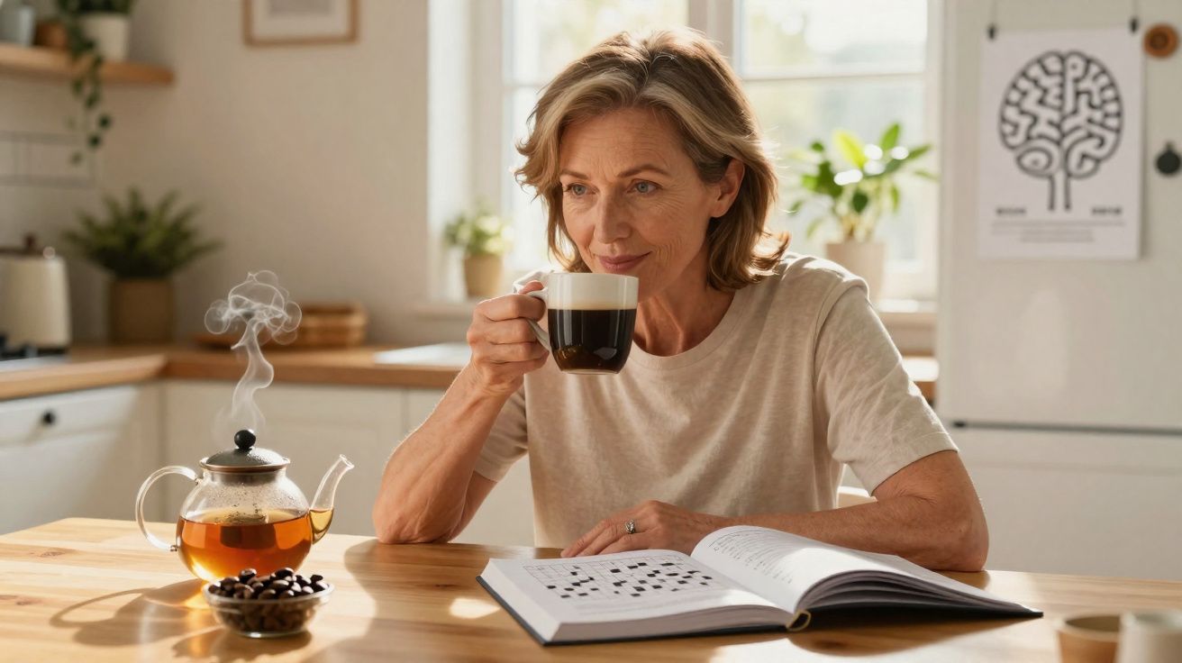 Mulher de meia-idade a beber café enquanto faz um passatempo numa cozinha luminosa e acolhedora.
