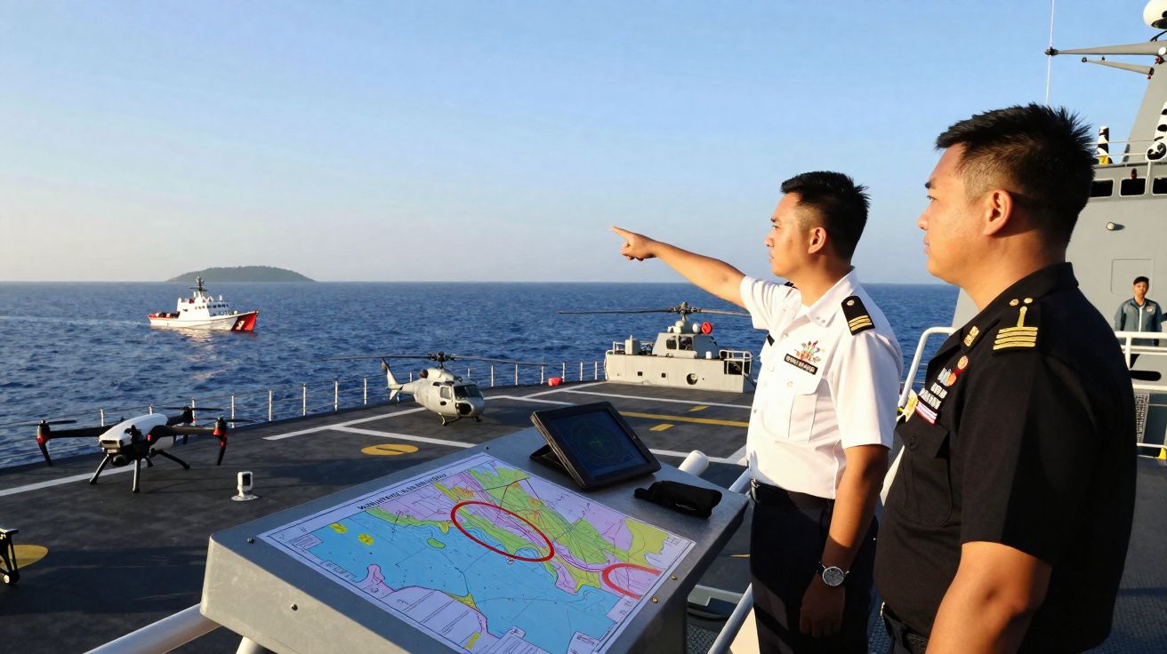 Dois oficiais navais em convés de navio apontam para o mar com mapa estratégico e drones ao redor.