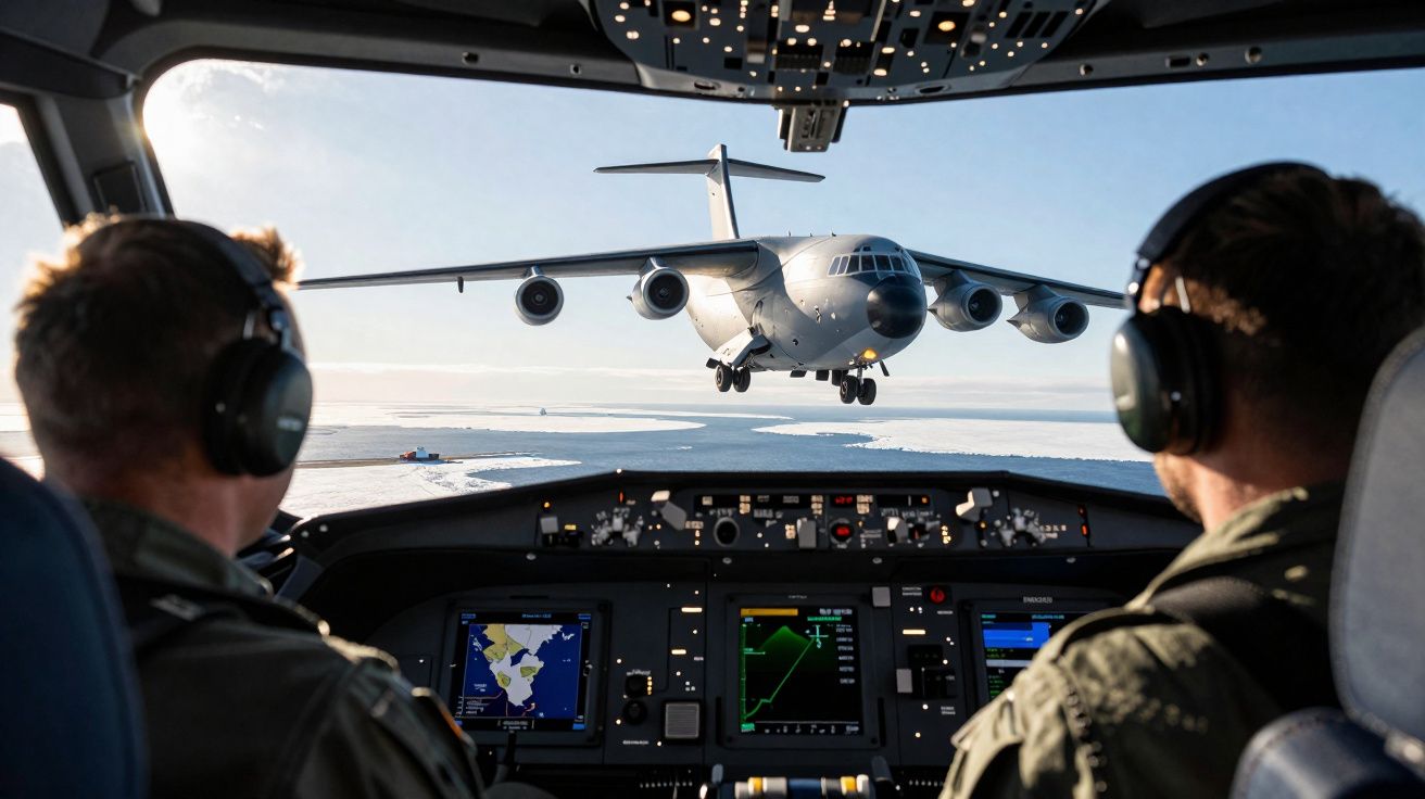 Cockpit de avião militar com dois pilotos e outra aeronave militar a aproximar-se para aterragem.
