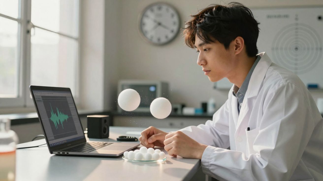 Homem jovem em bata branca observa duas bolas brancas flutuando sobre um prato junto a um portátil.