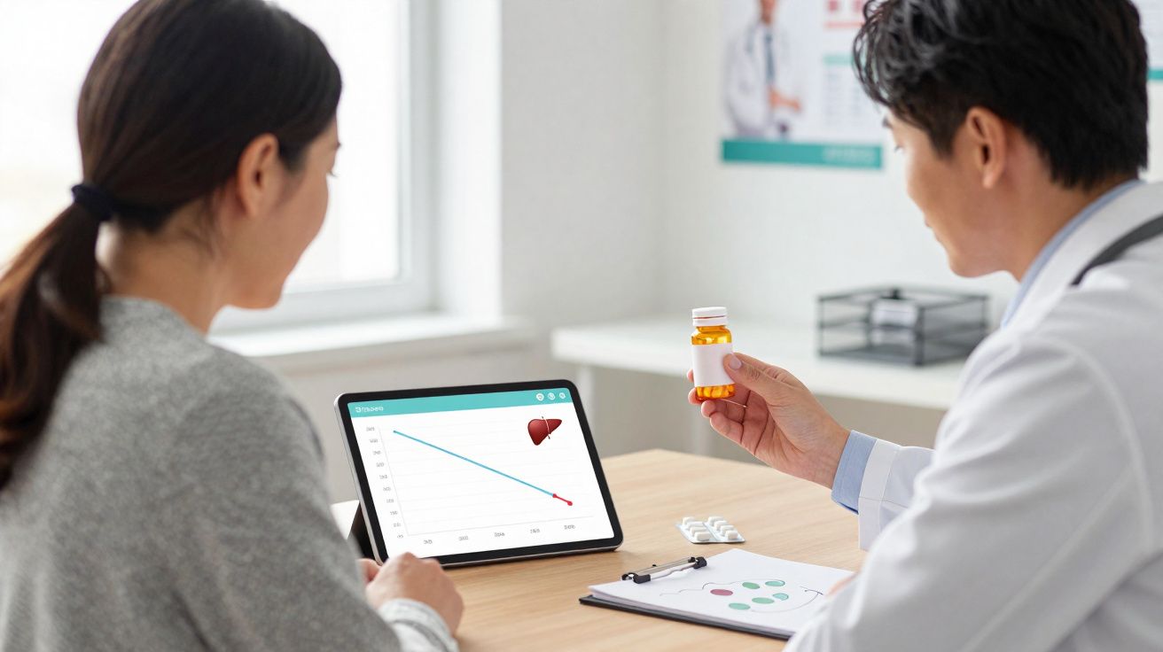 Médico mostra comprimidos a paciente enquanto analisa gráfico de saúde num tablet numa consulta médica.