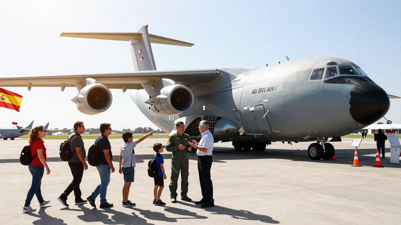Família e militares junto a avião militar estacionado em pista sob céu limpo.